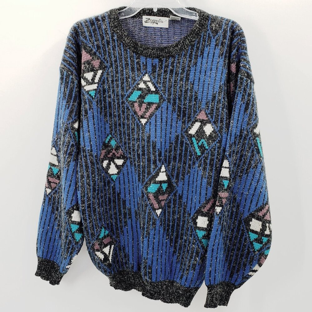 Vtg Zeppelin Sweater Men's L Blue Black Diamond Pattern Pullover Korea Grandpa